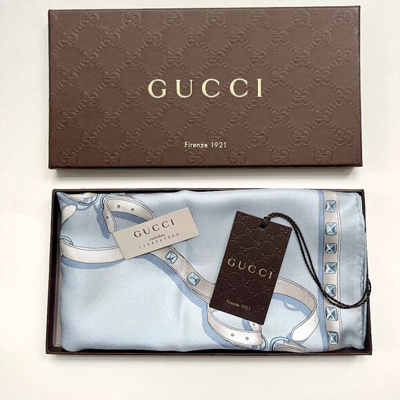 New Gucci Logo Chains Color-Block Brown Blue GG Silk Scarf with Gucci Gift Box - Picture 2 of 14